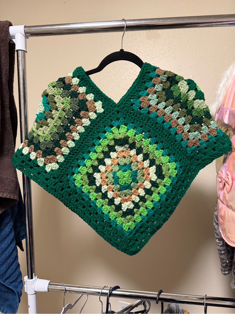 Handmade Green Crochet Poncho with Multi-Green Accents